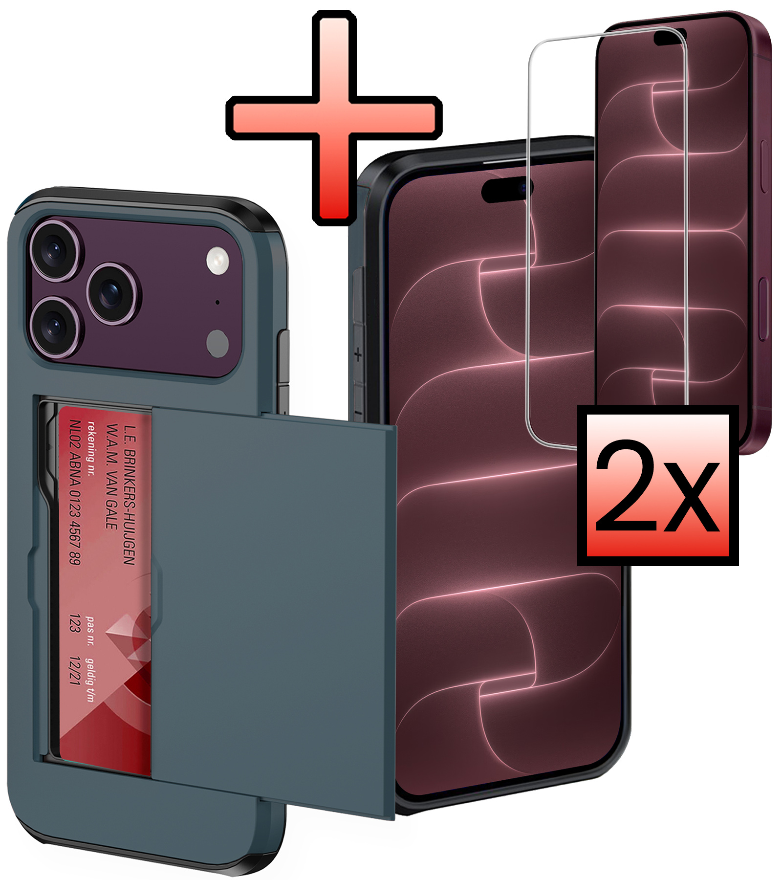 NoXx NoXx iPhone 18 Pro Max Hoesje Pashouder Hard Met 2x Screenprotector - Donker Blauw