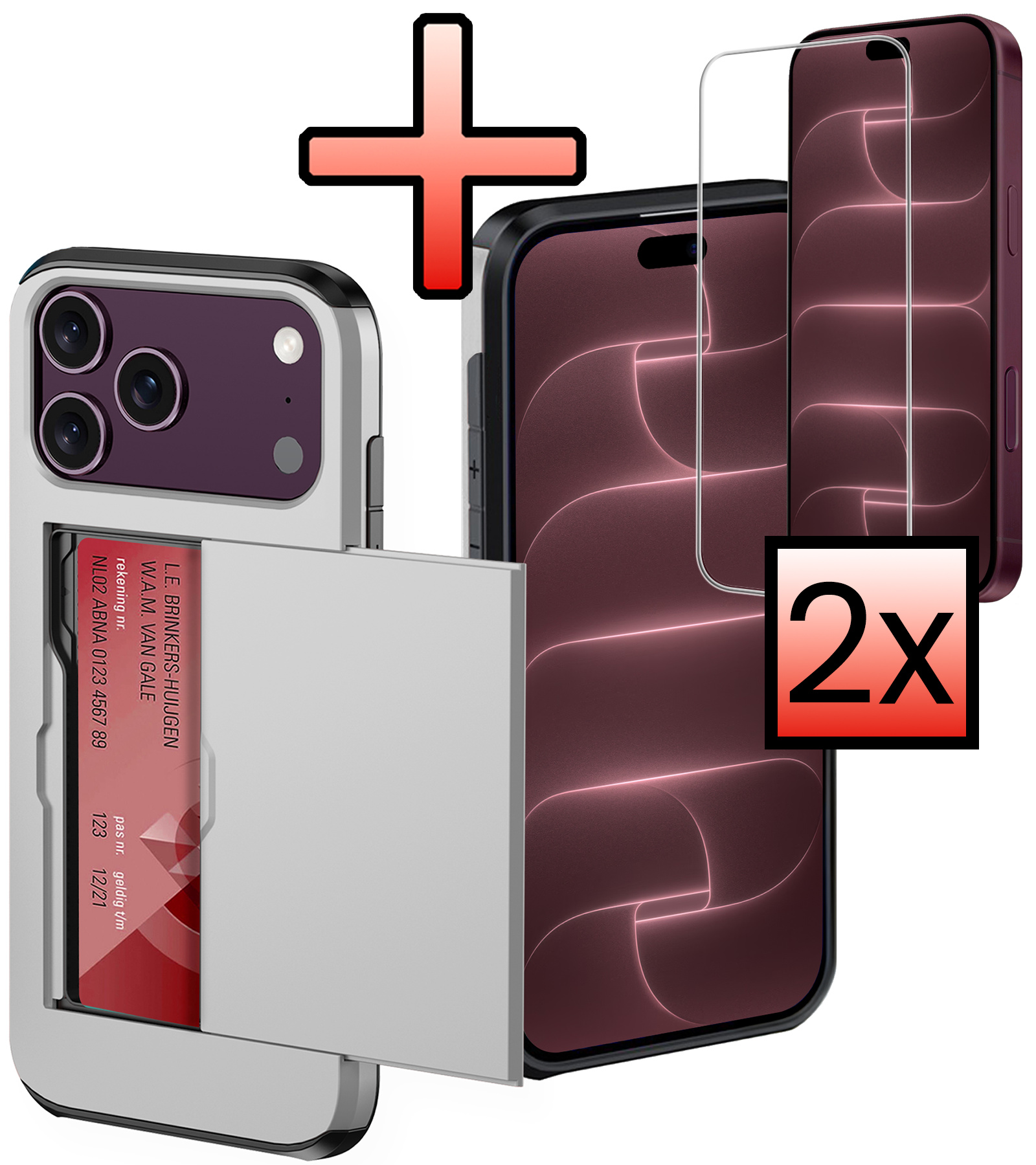 NoXx NoXx iPhone 18 Pro Max Hoesje Pashouder Hard Met 2x Screenprotector - Grijs