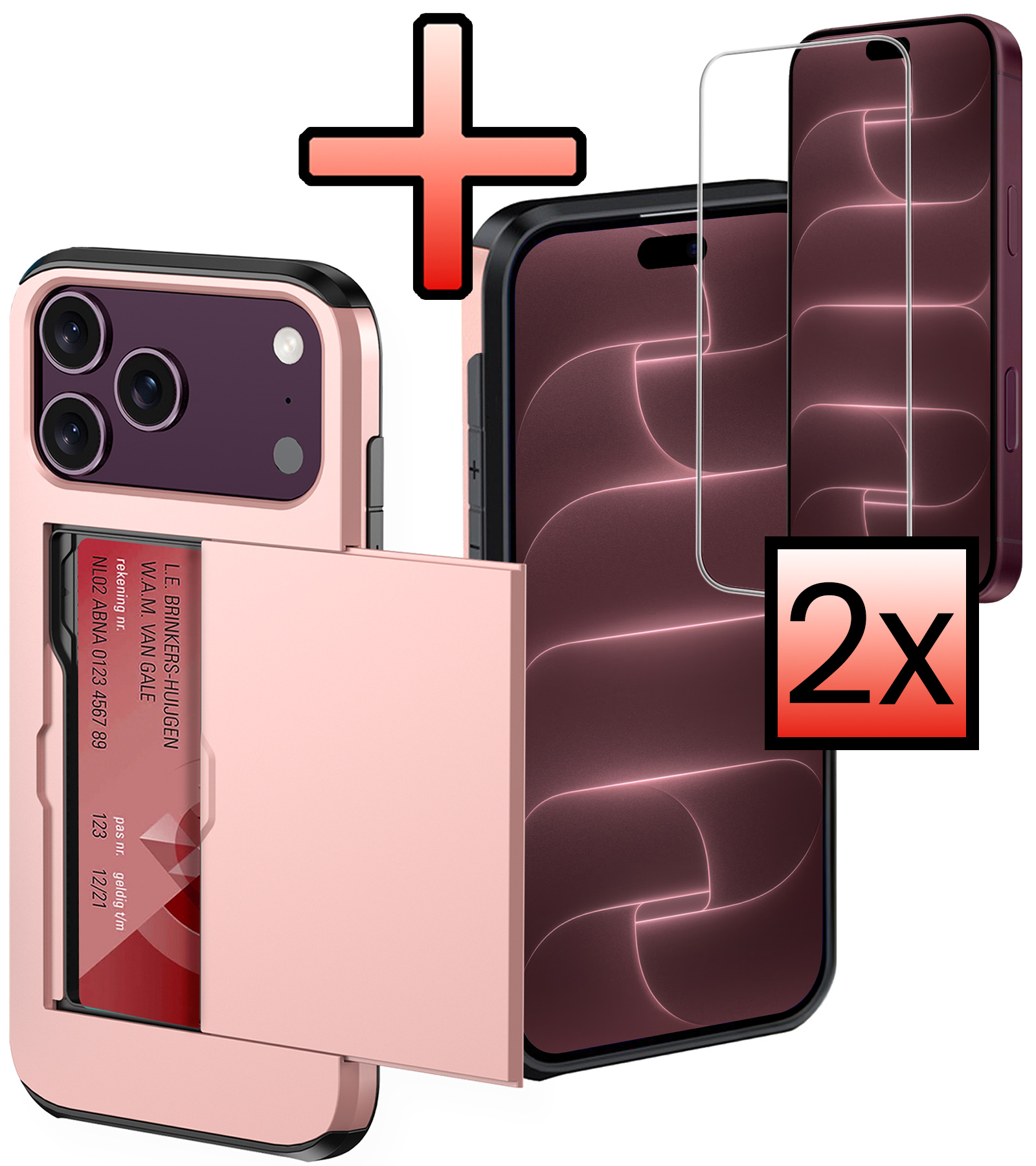 NoXx NoXx iPhone 18 Pro Max Hoesje Pashouder Hard Met 2x Screenprotector - Rose Goud