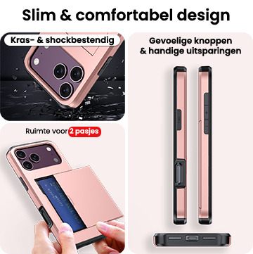 NoXx NoXx iPhone 18 Pro Max Hoesje Pashouder Hard Met 2x Screenprotector - Rose Goud