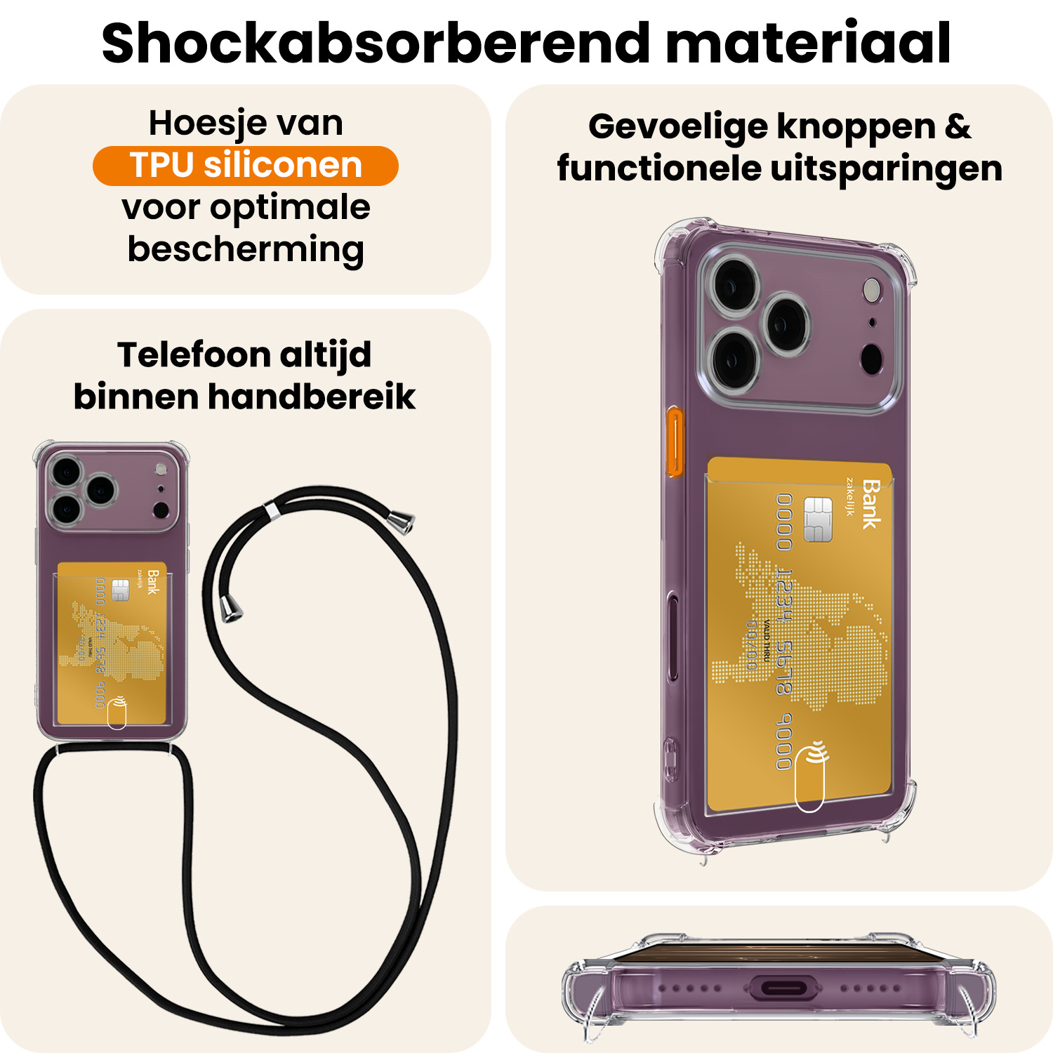 Nomfy Nomfy iPhone 18 Pro Hoesje Pashouder met Koord - 2 PACK