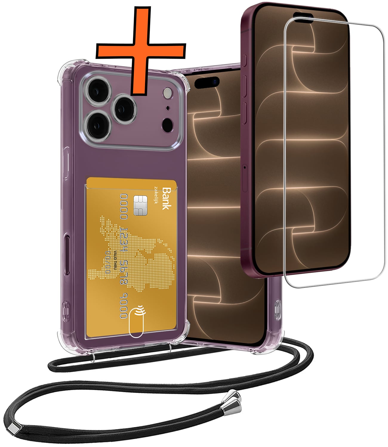 Nomfy Nomfy iPhone 18 Pro Hoesje Pashouder met Koord Met Screenprotector