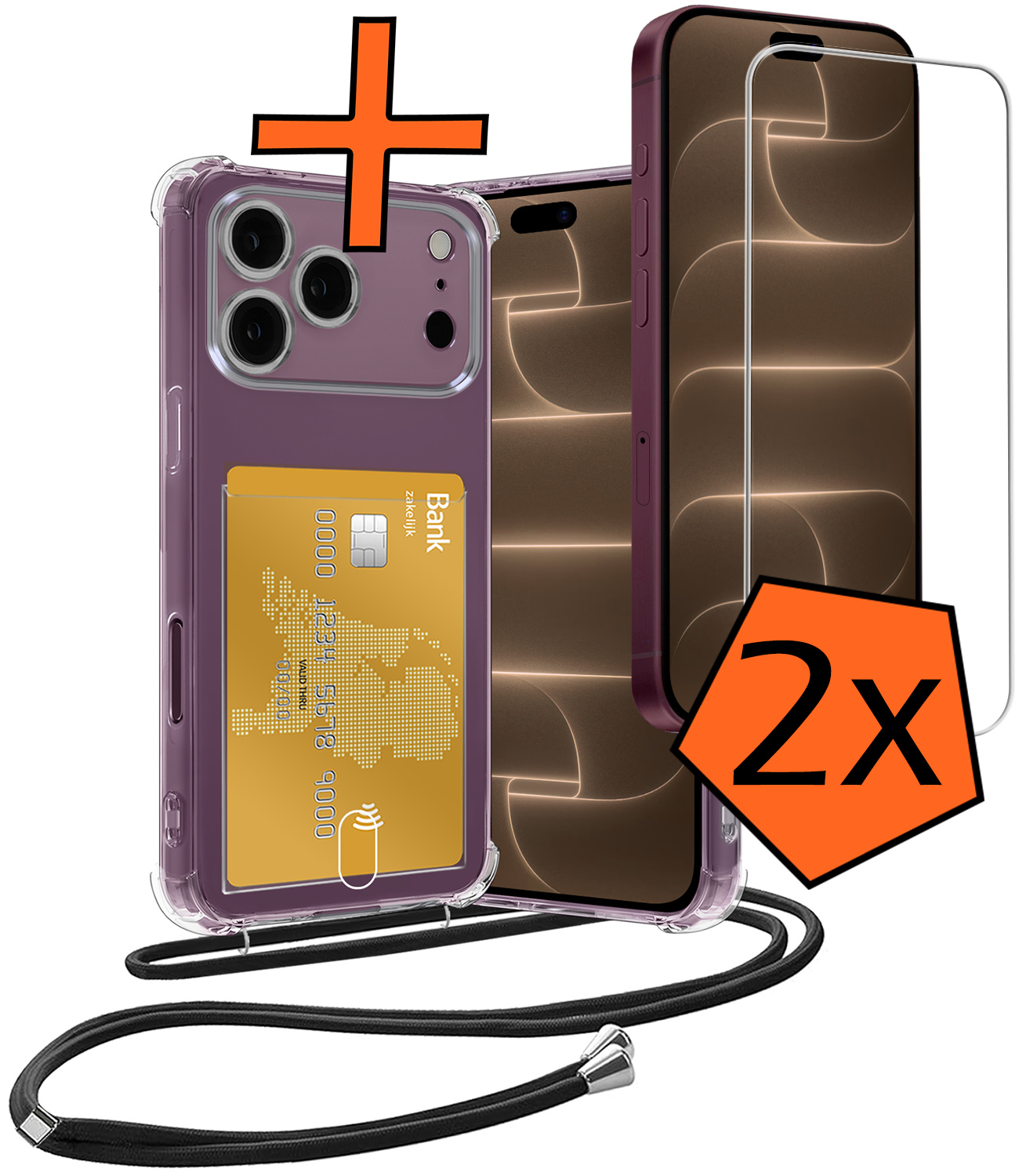Nomfy Nomfy iPhone 18 Pro Hoesje Pashouder met Koord Met 2x Screenprotector