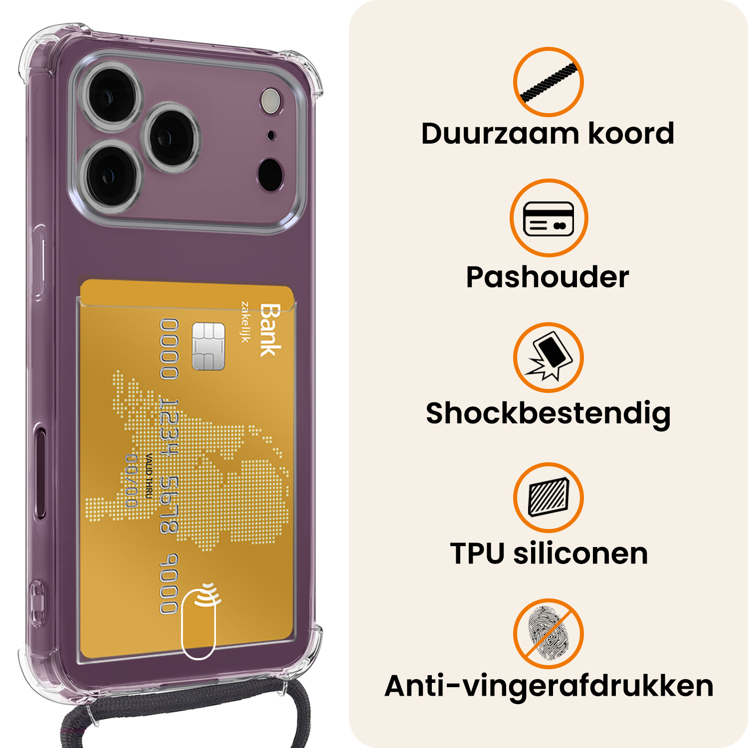 Nomfy Nomfy iPhone 18 Pro Hoesje Pashouder met Koord Met 2x Screenprotector