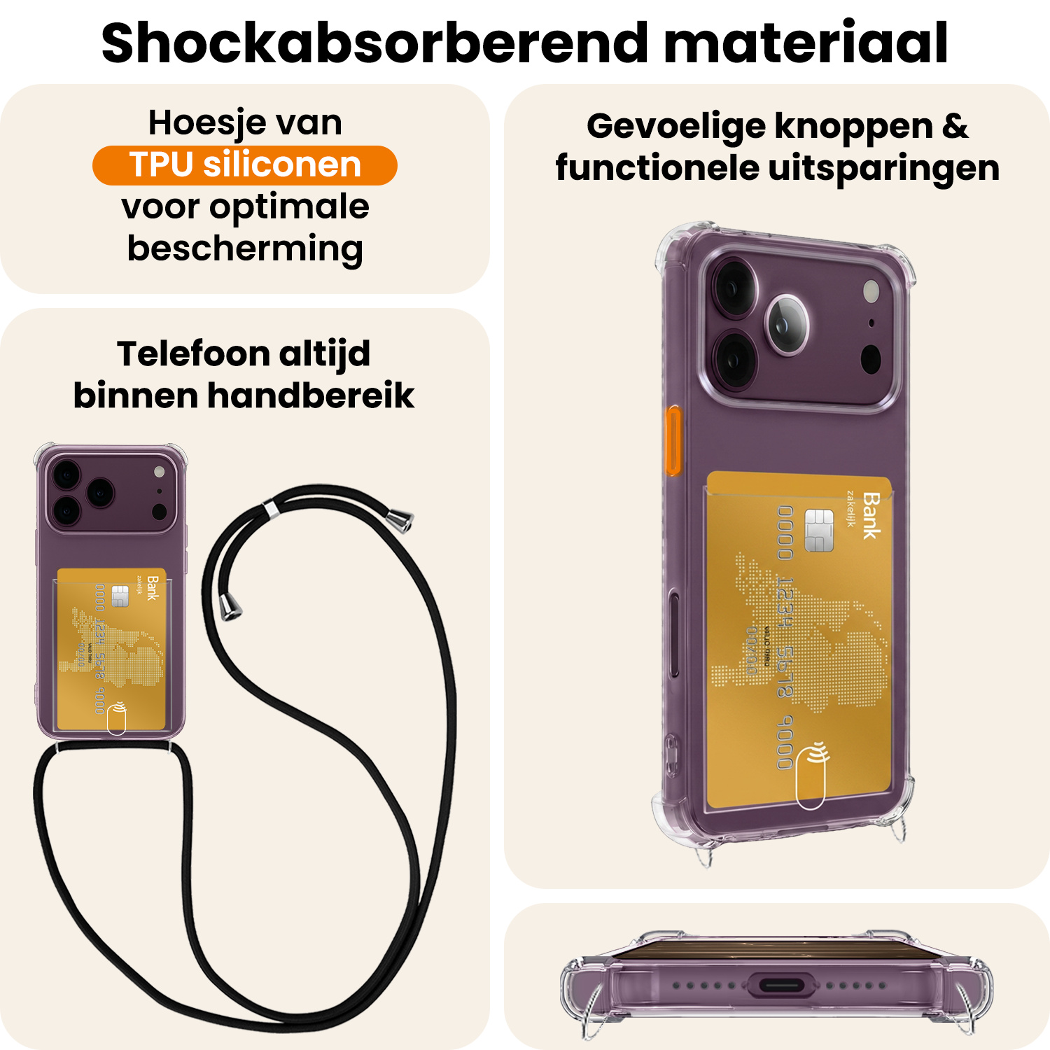 Nomfy Nomfy iPhone 18 Pro Max Hoesje Pashouder met Koord Met 2x Screenprotector