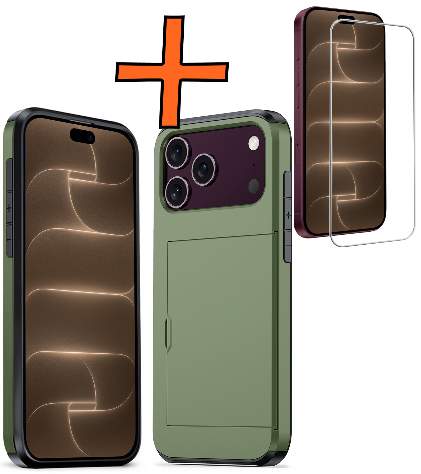 Nomfy Nomfy iPhone 18 Pro Hoesje Pashouder Hard Met Screenprotector - Donker Groen