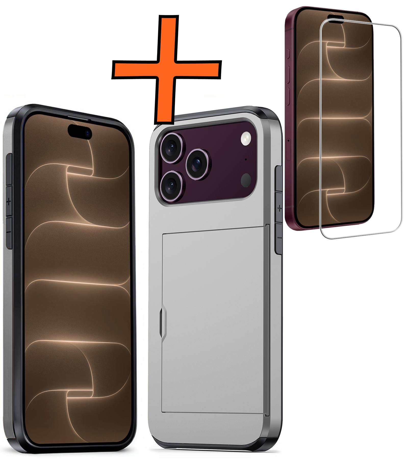 Nomfy Nomfy iPhone 18 Pro Hoesje Pashouder Hard Met Screenprotector - Grijs