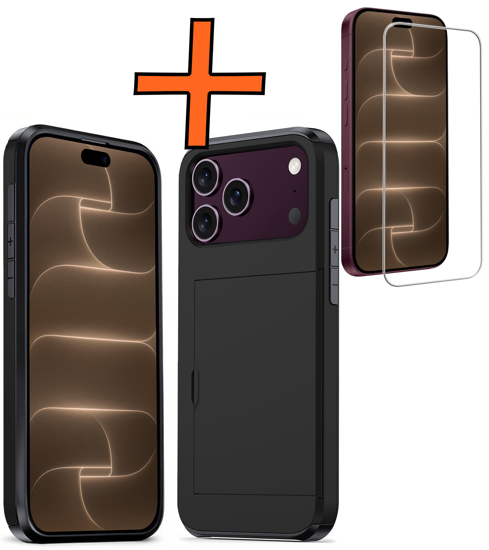 Nomfy Nomfy iPhone 18 Pro Hoesje Pashouder Hard Met Screenprotector - Zwart