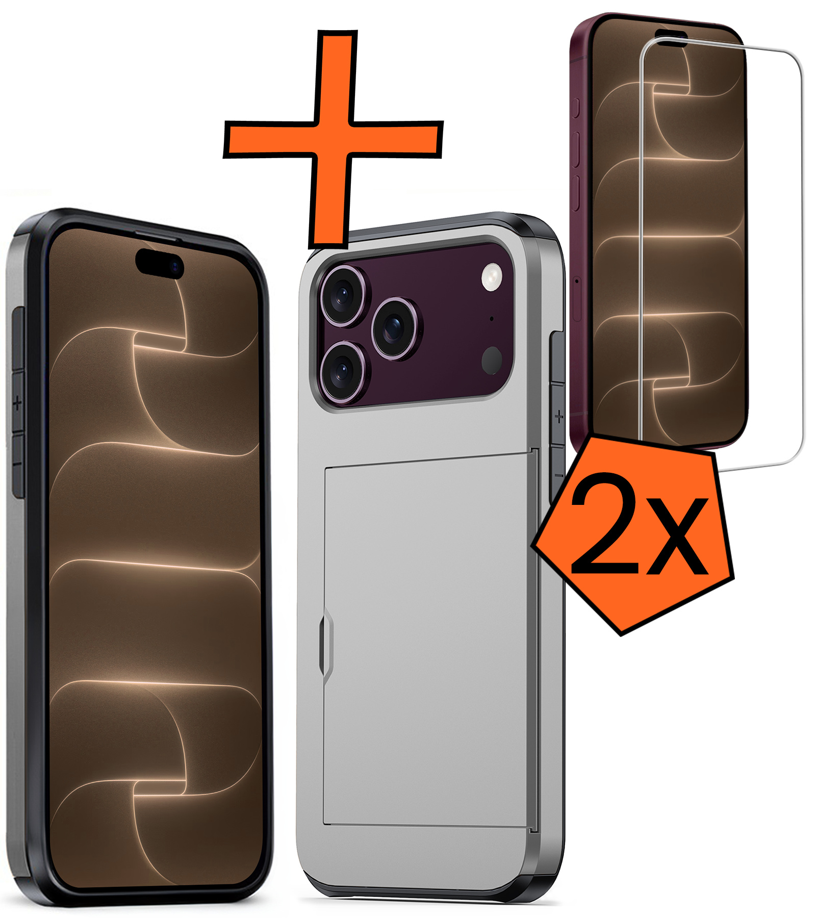 Nomfy Nomfy iPhone 18 Pro Hoesje Pashouder Hard Met 2x Screenprotector - Grijs