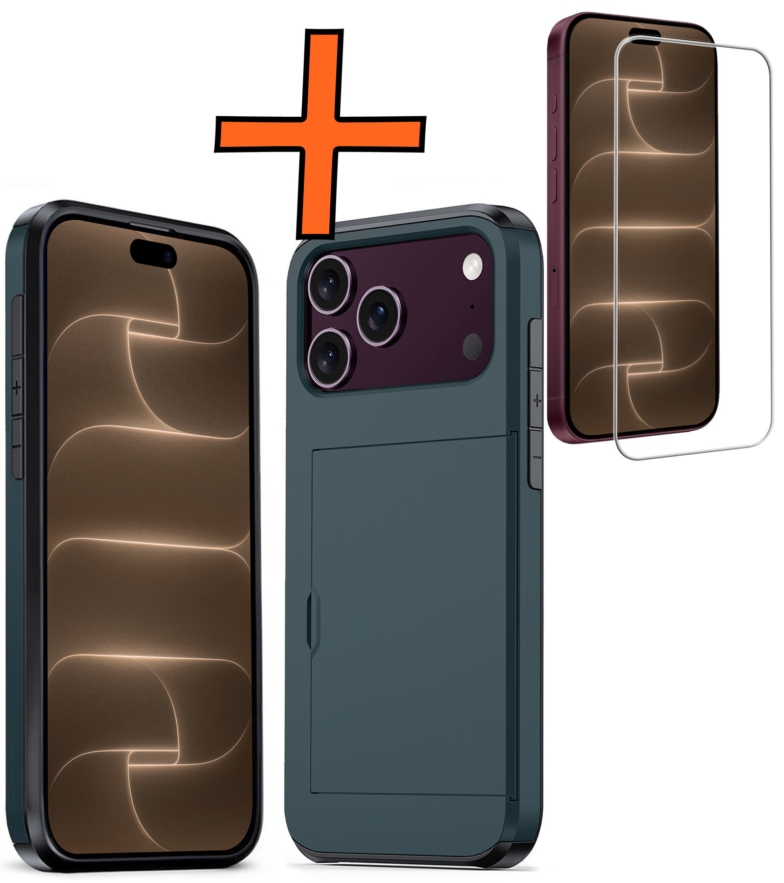 Nomfy Nomfy iPhone 18 Pro Max Hoesje Pashouder Hard Met Screenprotector - Donker Blauw