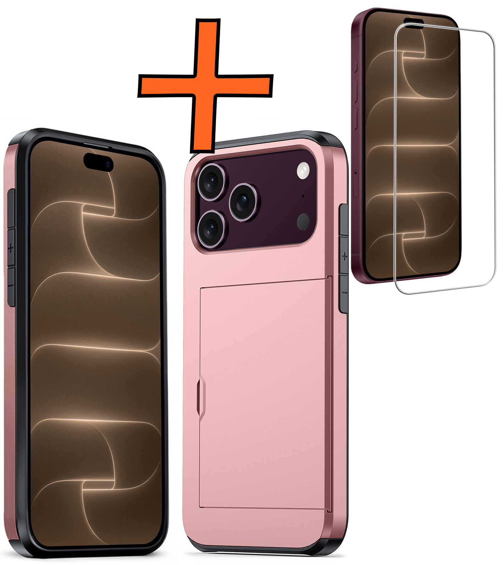 Nomfy Nomfy iPhone 18 Pro Max Hoesje Pashouder Hard Met Screenprotector - Rose Goud