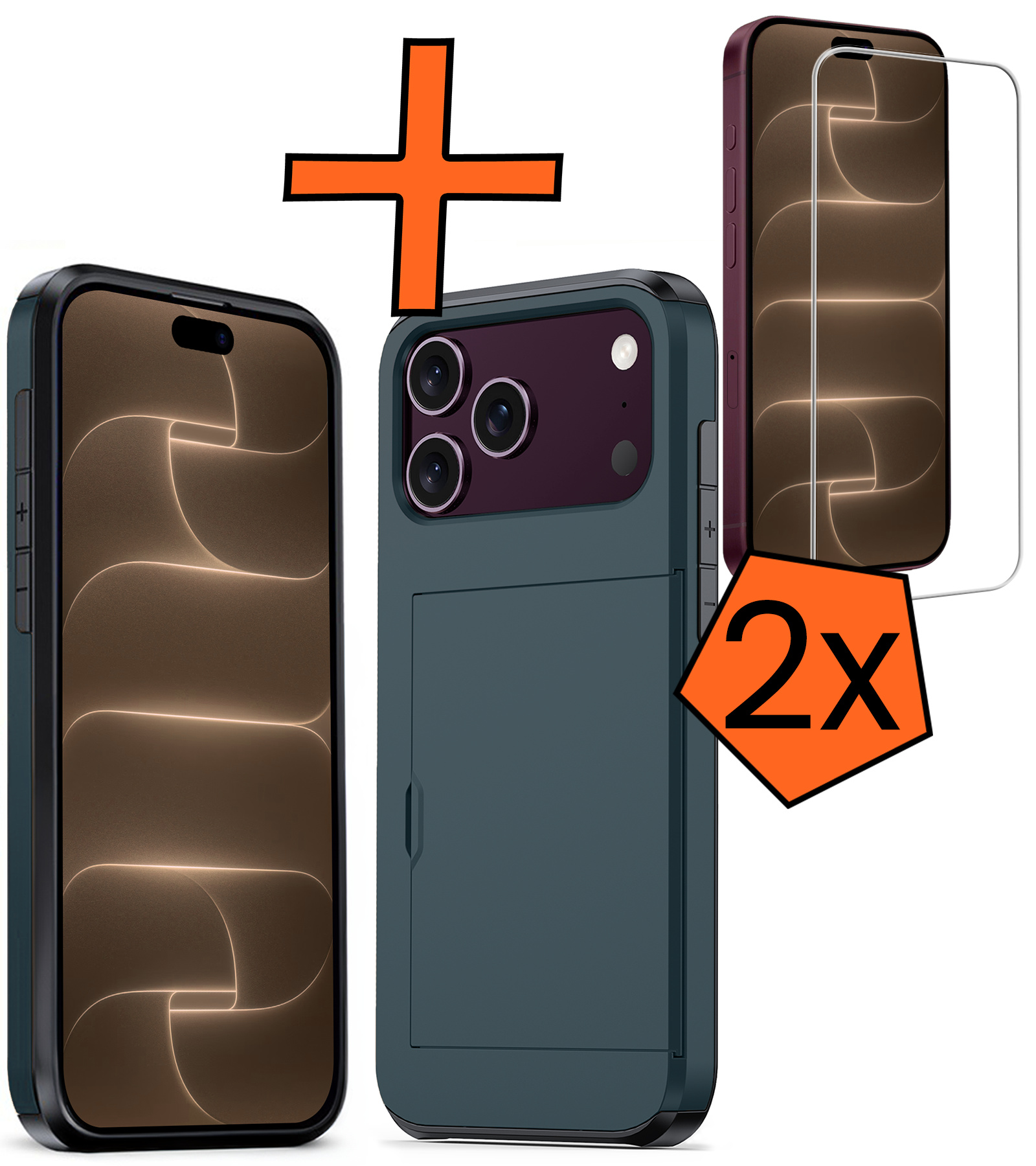Nomfy Nomfy iPhone 18 Pro Max Hoesje Pashouder Hard Met 2x Screenprotector - Donker Blauw