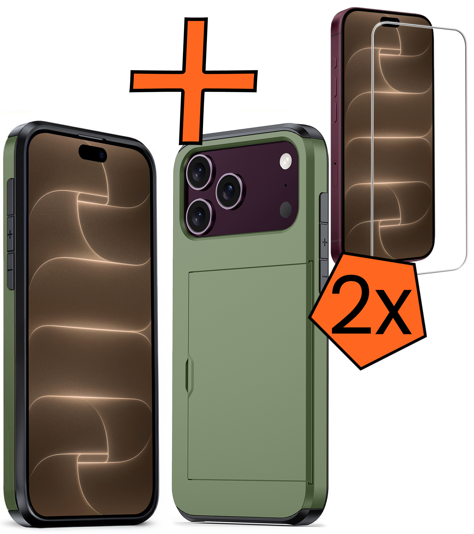 Nomfy Nomfy iPhone 18 Pro Max Hoesje Pashouder Hard Met 2x Screenprotector - Donker Groen