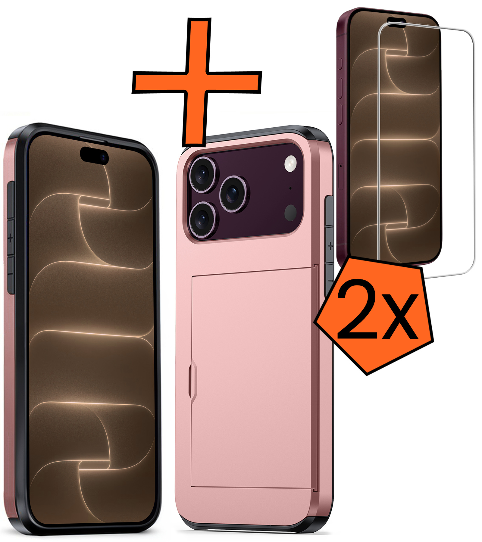 Nomfy Nomfy iPhone 18 Pro Max Hoesje Pashouder Hard Met 2x Screenprotector - Rose Goud