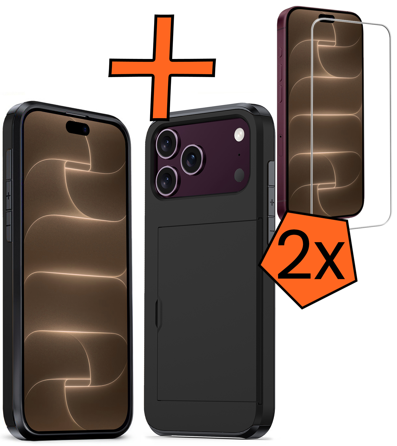 Nomfy Nomfy iPhone 18 Pro Max Hoesje Pashouder Hard Met 2x Screenprotector - Zwart