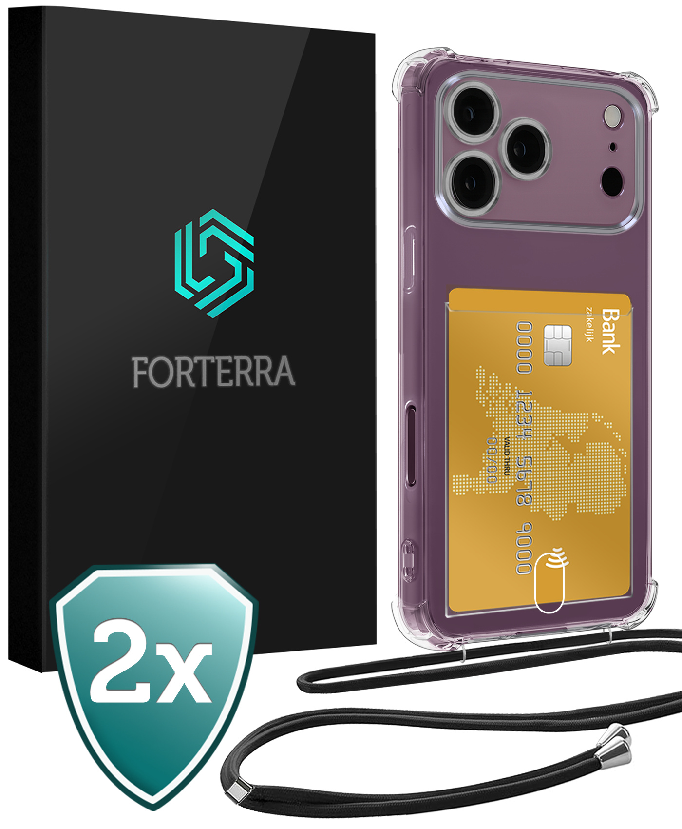 Forterra Forterra iPhone 18 Pro Hoesje Pashouder met Koord - 2 PACK
