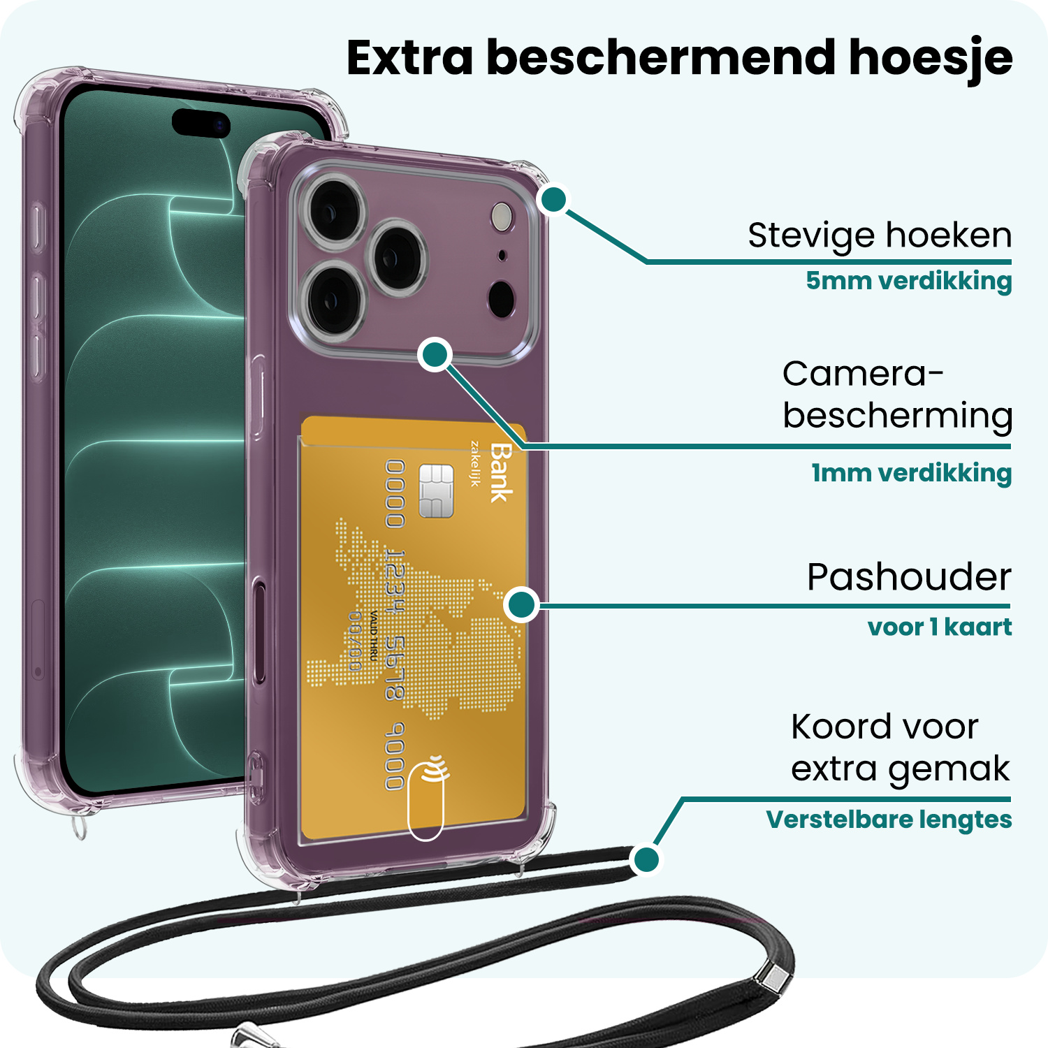 Forterra Forterra iPhone 18 Pro Hoesje Pashouder met Koord - 2 PACK