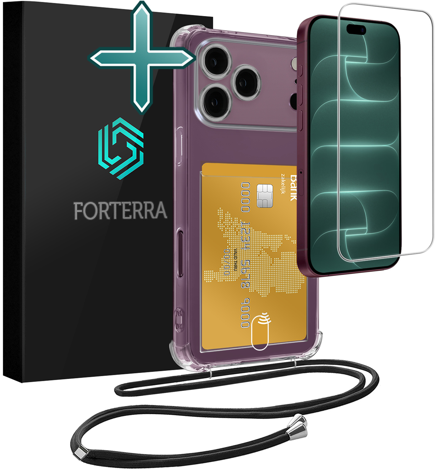 Forterra Forterra iPhone 18 Pro Hoesje Pashouder met Koord Met Screenprotector