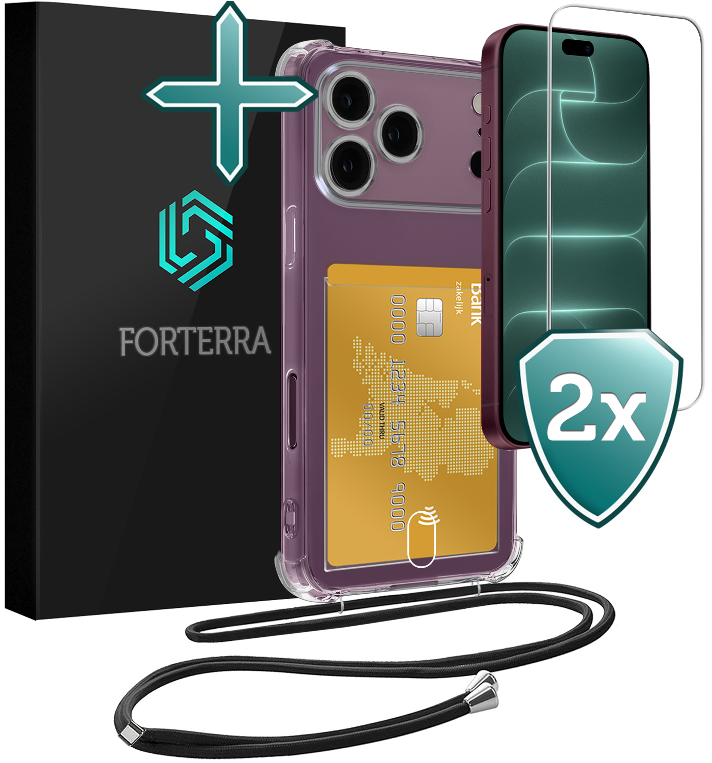 Forterra Forterra iPhone 18 Pro Hoesje Pashouder met Koord Met 2x Screenprotector