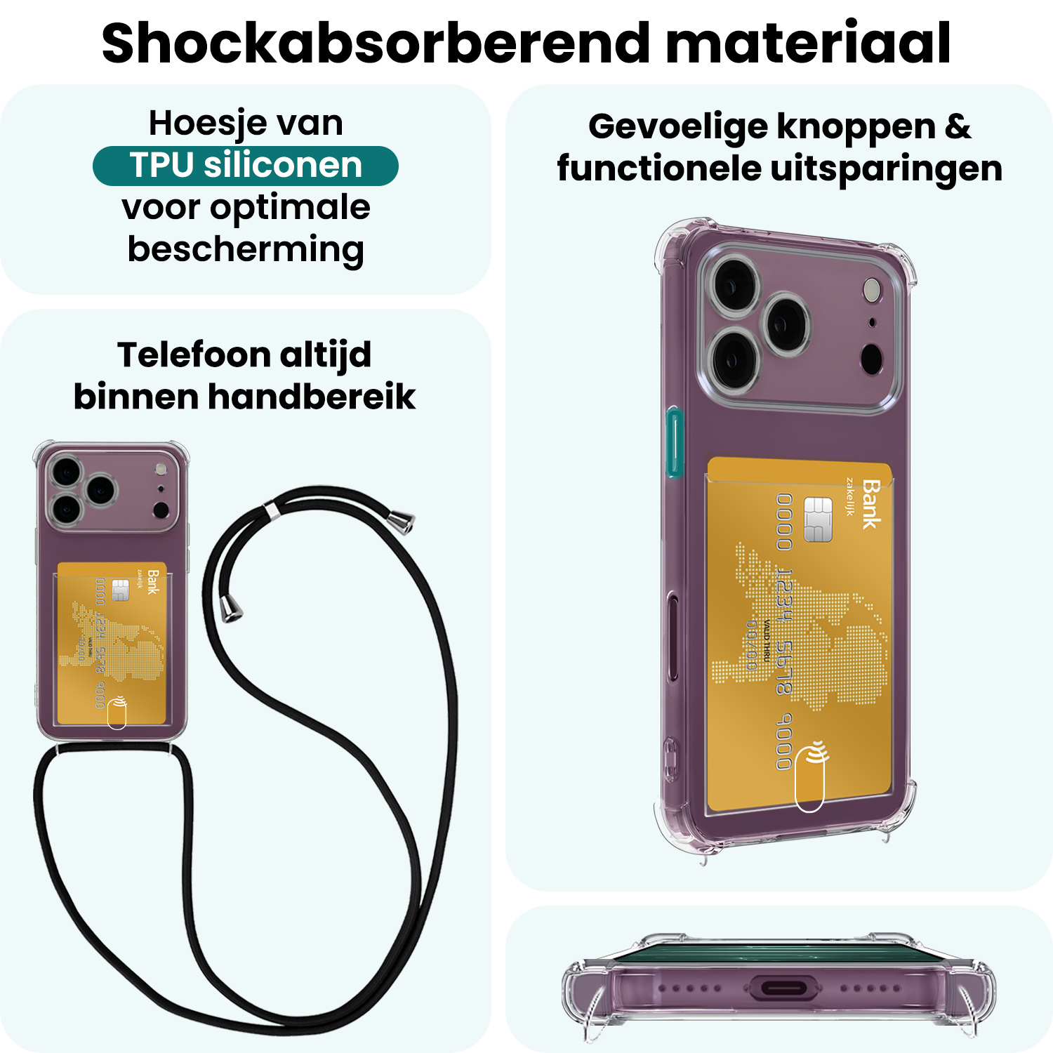 Forterra Forterra iPhone 18 Pro Hoesje Pashouder met Koord Met 2x Screenprotector