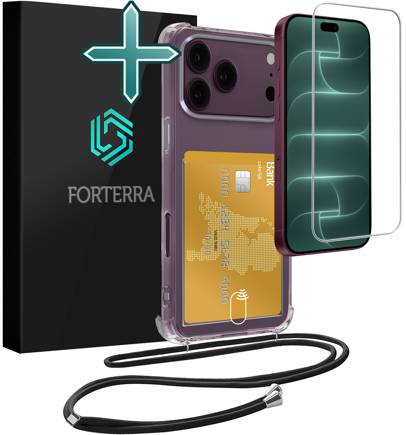 Forterra Forterra iPhone 18 Pro Max Hoesje Pashouder met Koord Met Screenprotector