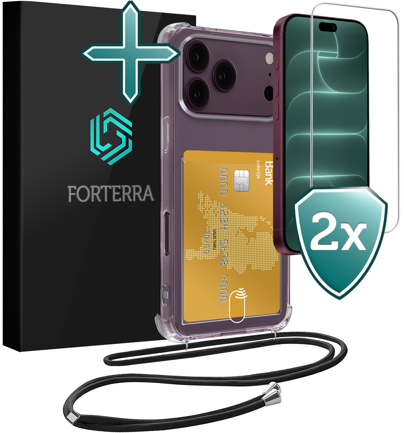 Forterra Forterra iPhone 18 Pro Max Hoesje Pashouder met Koord Met 2x Screenprotector