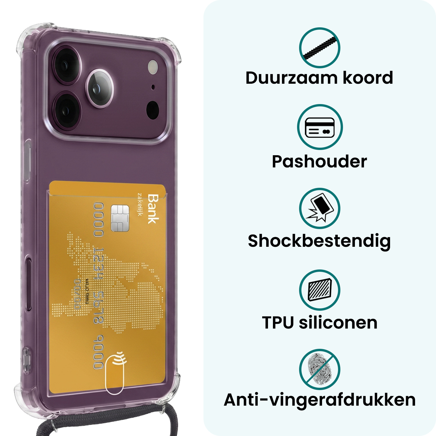 Forterra Forterra iPhone 18 Pro Max Hoesje Pashouder met Koord Met 2x Screenprotector