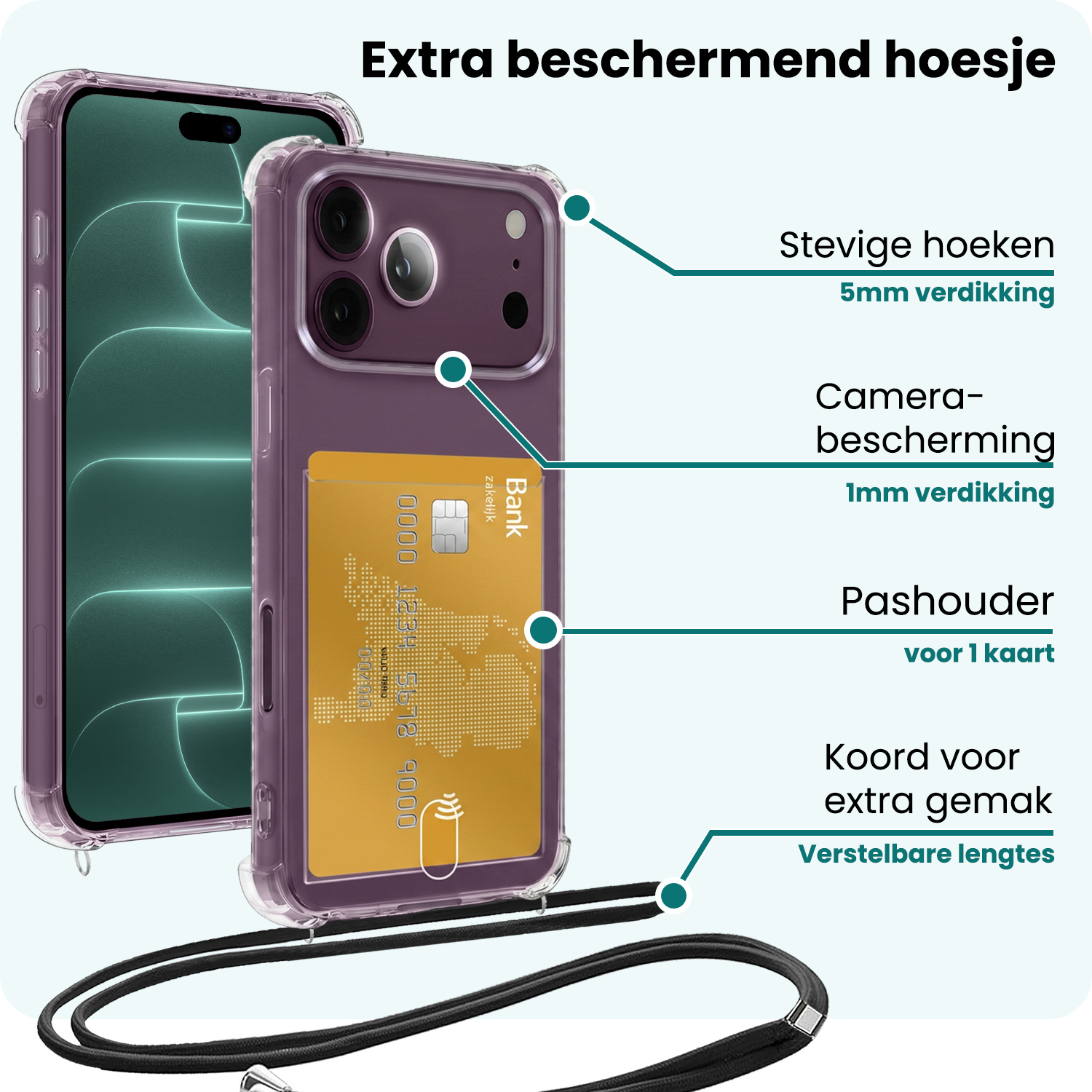 Forterra Forterra iPhone 18 Pro Max Hoesje Pashouder met Koord Met 2x Screenprotector