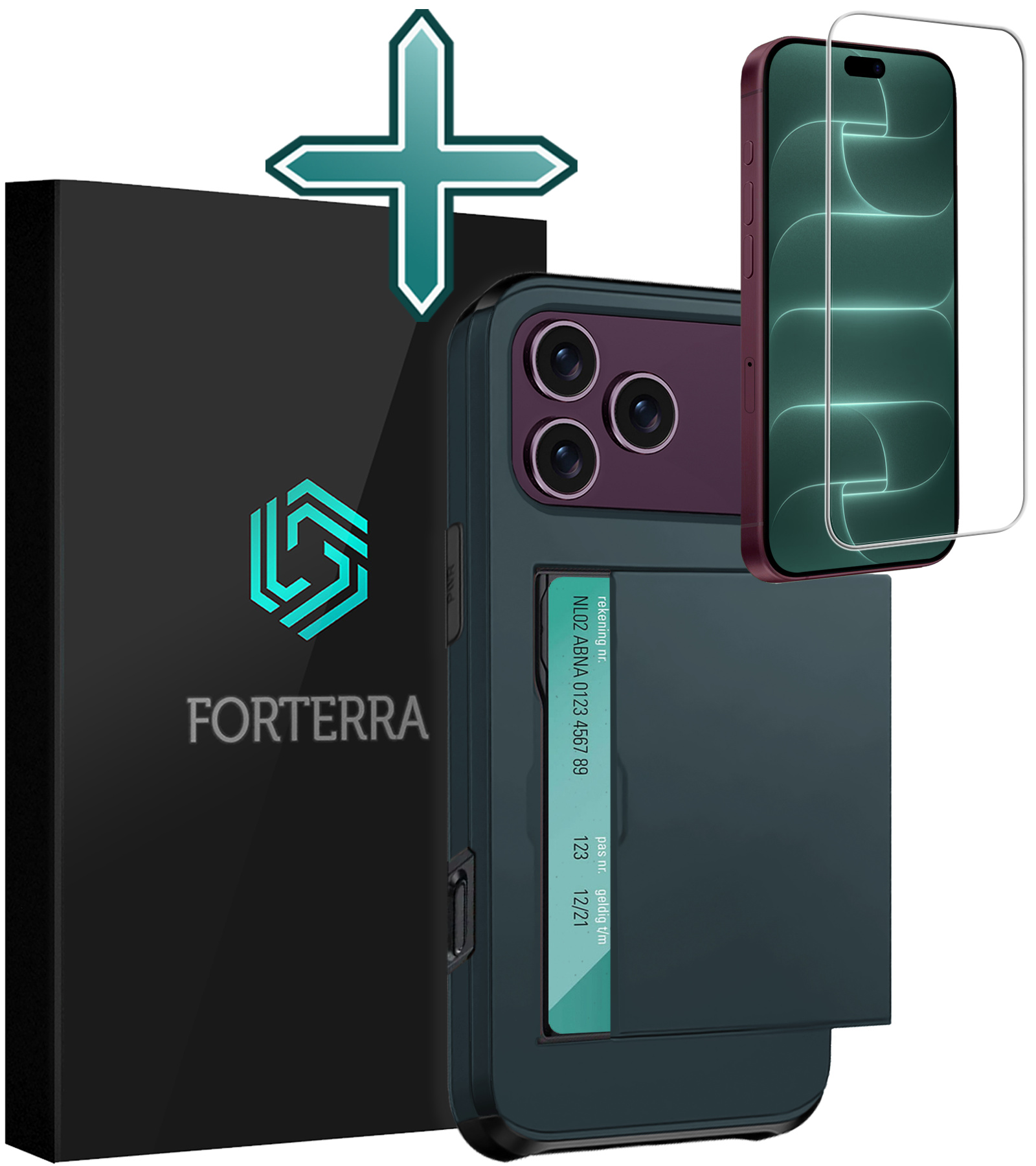 Forterra Forterra iPhone 18 Pro Hoesje Pashouder Hard Met Screenprotector - Donker Blauw
