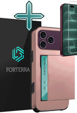 Forterra Forterra iPhone 18 Pro Hoesje Pashouder Hard Met Screenprotector - Rose Goud