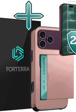 Forterra Forterra iPhone 18 Pro Hoesje Pashouder Hard Met 2x Screenprotector - Rose Goud