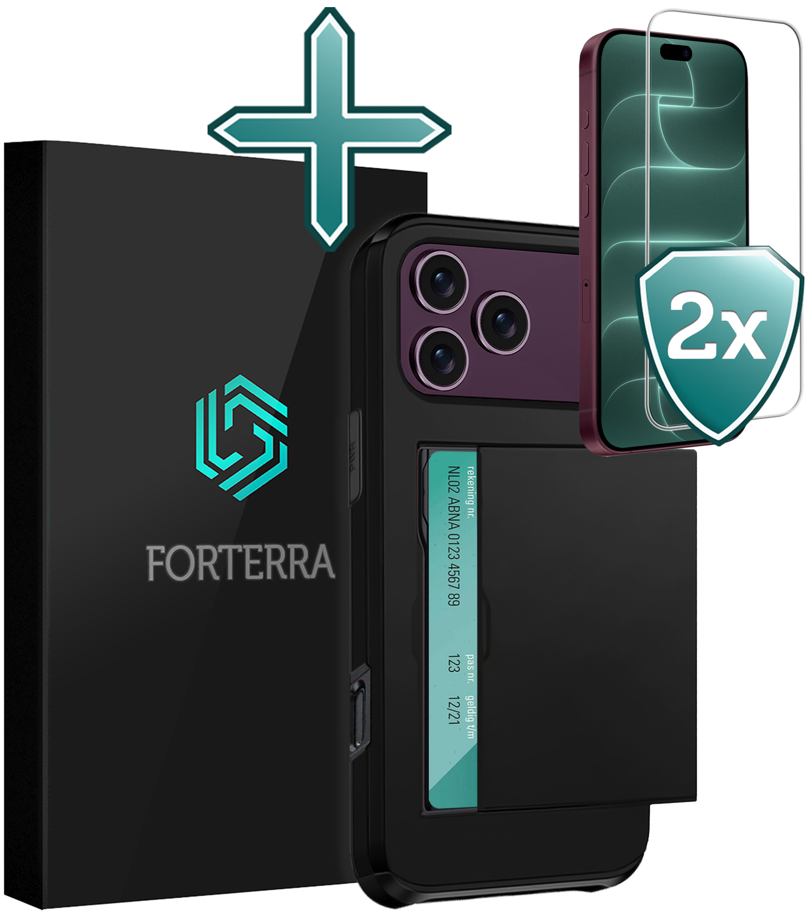 Forterra Forterra iPhone 18 Pro Hoesje Pashouder Hard Met 2x Screenprotector - Zwart