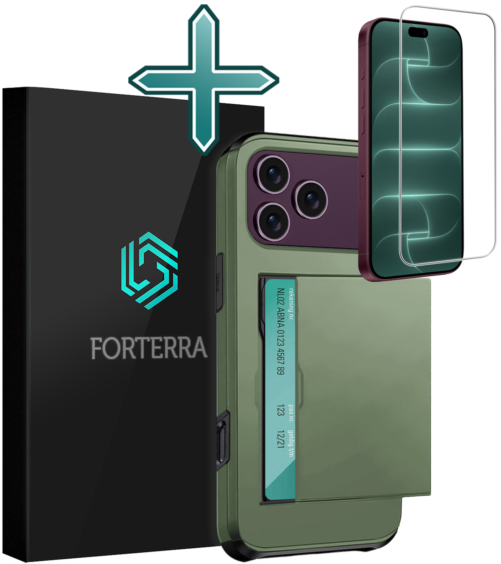 Forterra Forterra iPhone 18 Pro Max Hoesje Pashouder Hard Met Screenprotector - Donker Groen