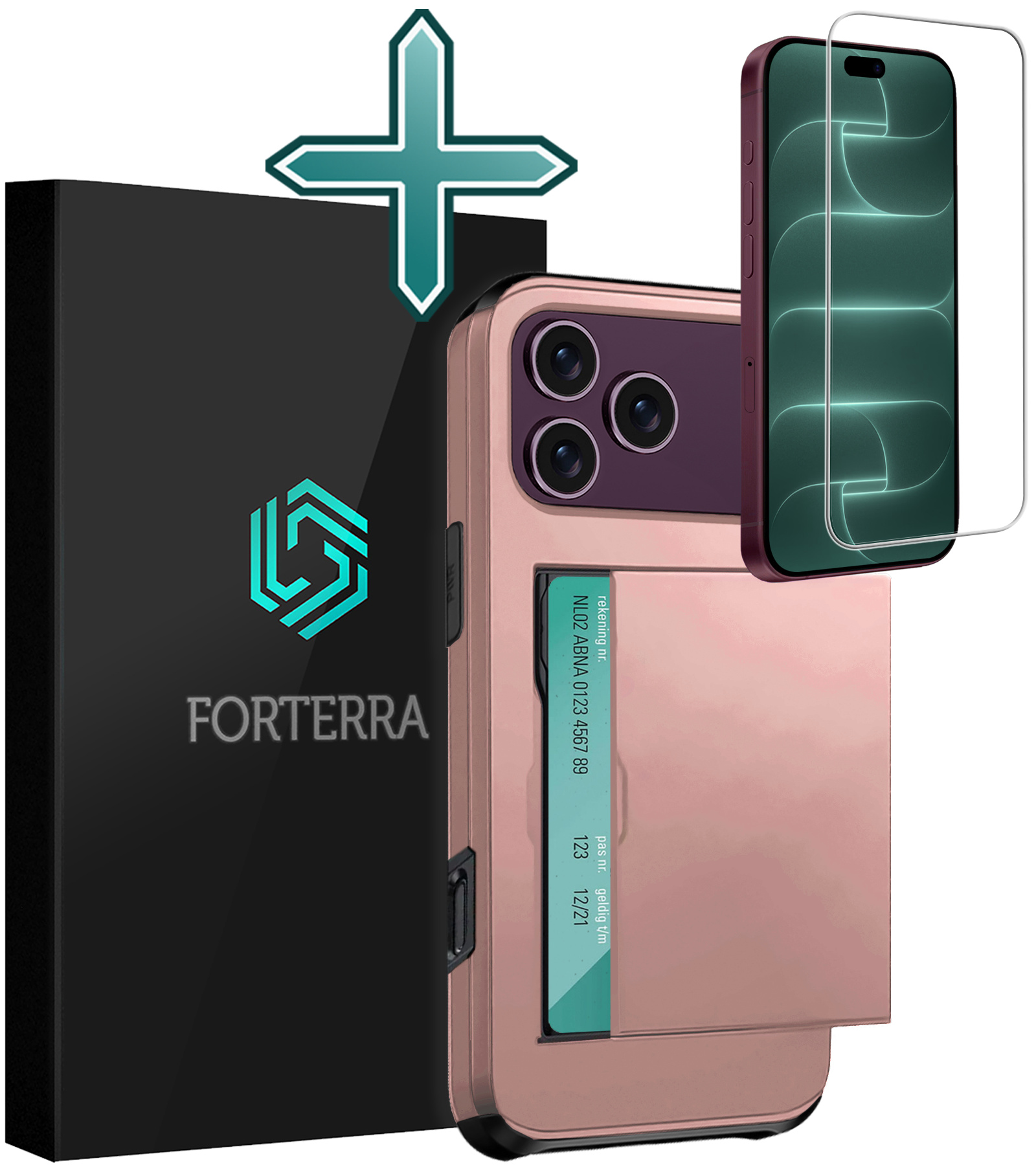 Forterra Forterra iPhone 18 Pro Max Hoesje Pashouder Hard Met Screenprotector - Rose Goud