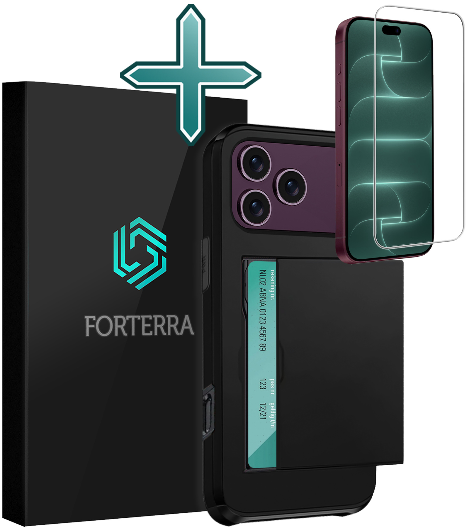Forterra Forterra iPhone 18 Pro Max Hoesje Pashouder Hard Met Screenprotector - Zwart