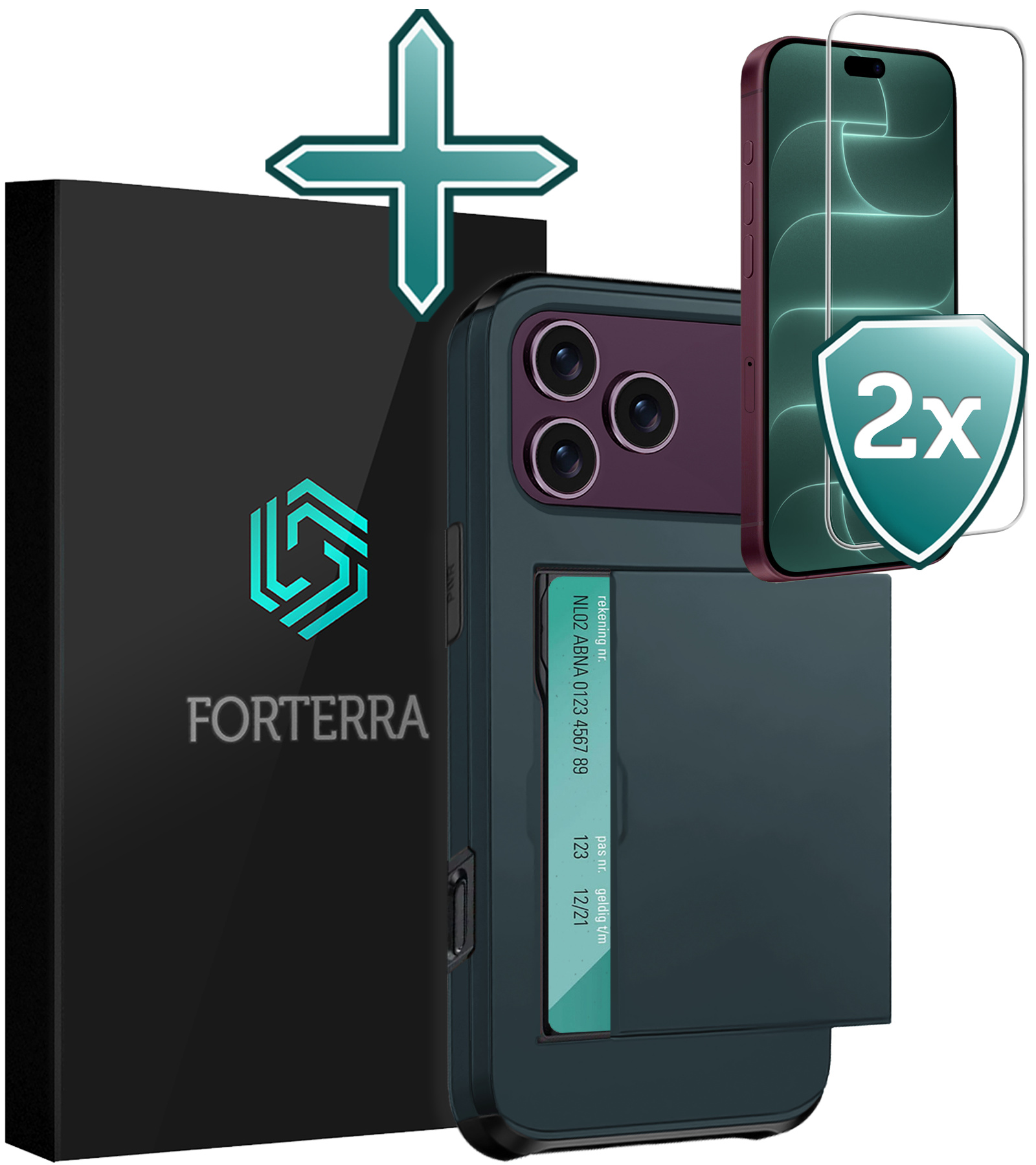 Forterra Forterra iPhone 18 Pro Max Hoesje Pashouder Hard Met 2x Screenprotector - Donker Blauw