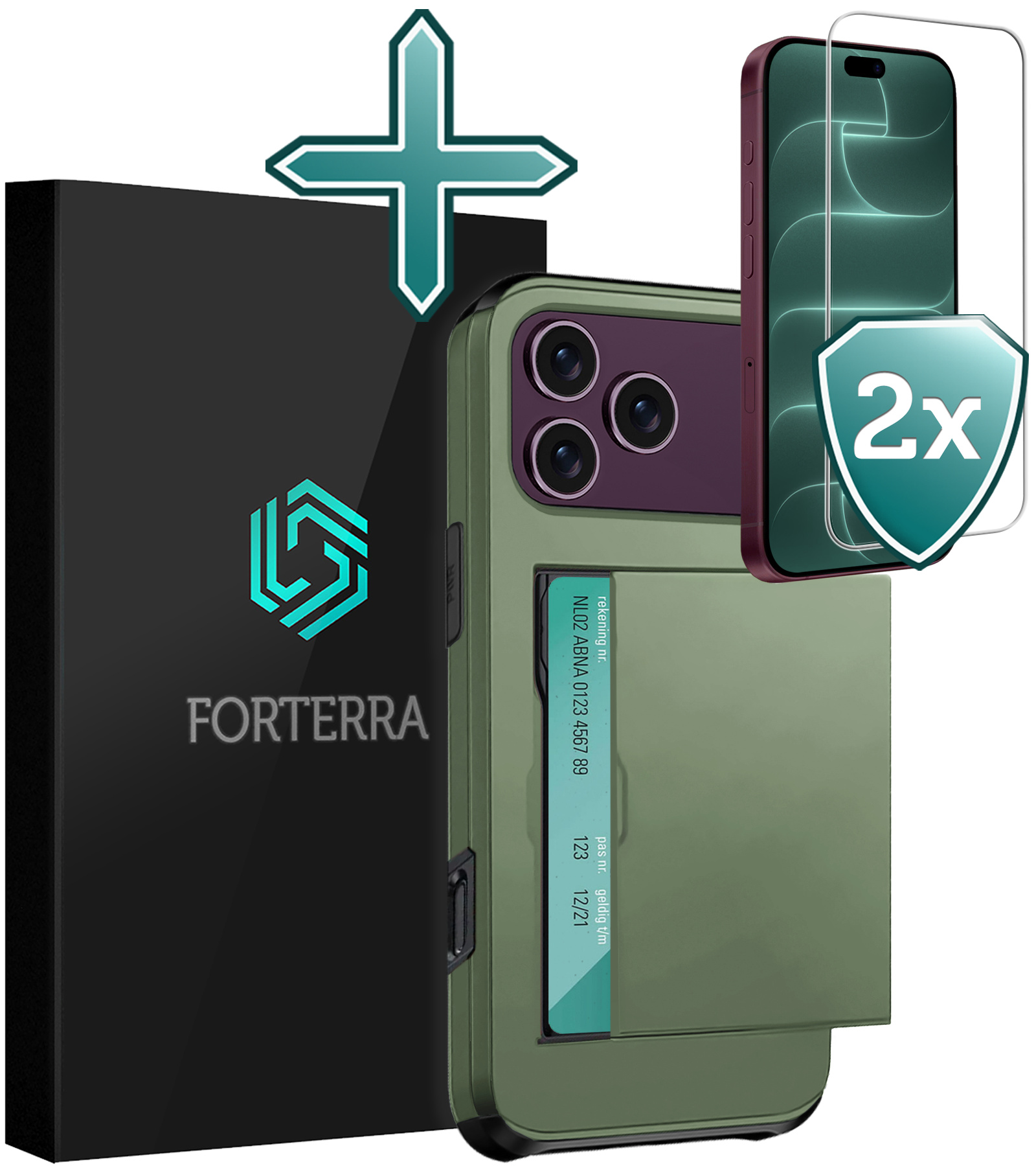 Forterra Forterra iPhone 18 Pro Max Hoesje Pashouder Hard Met 2x Screenprotector - Donker Groen