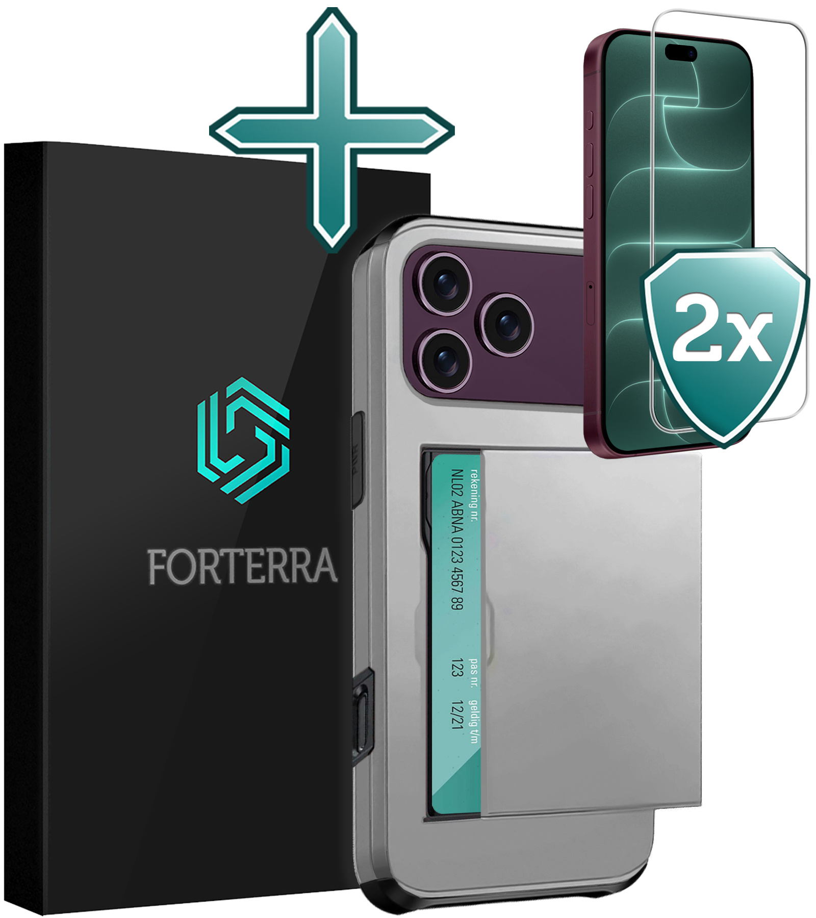 Forterra Forterra iPhone 18 Pro Max Hoesje Pashouder Hard Met 2x Screenprotector - Grijs