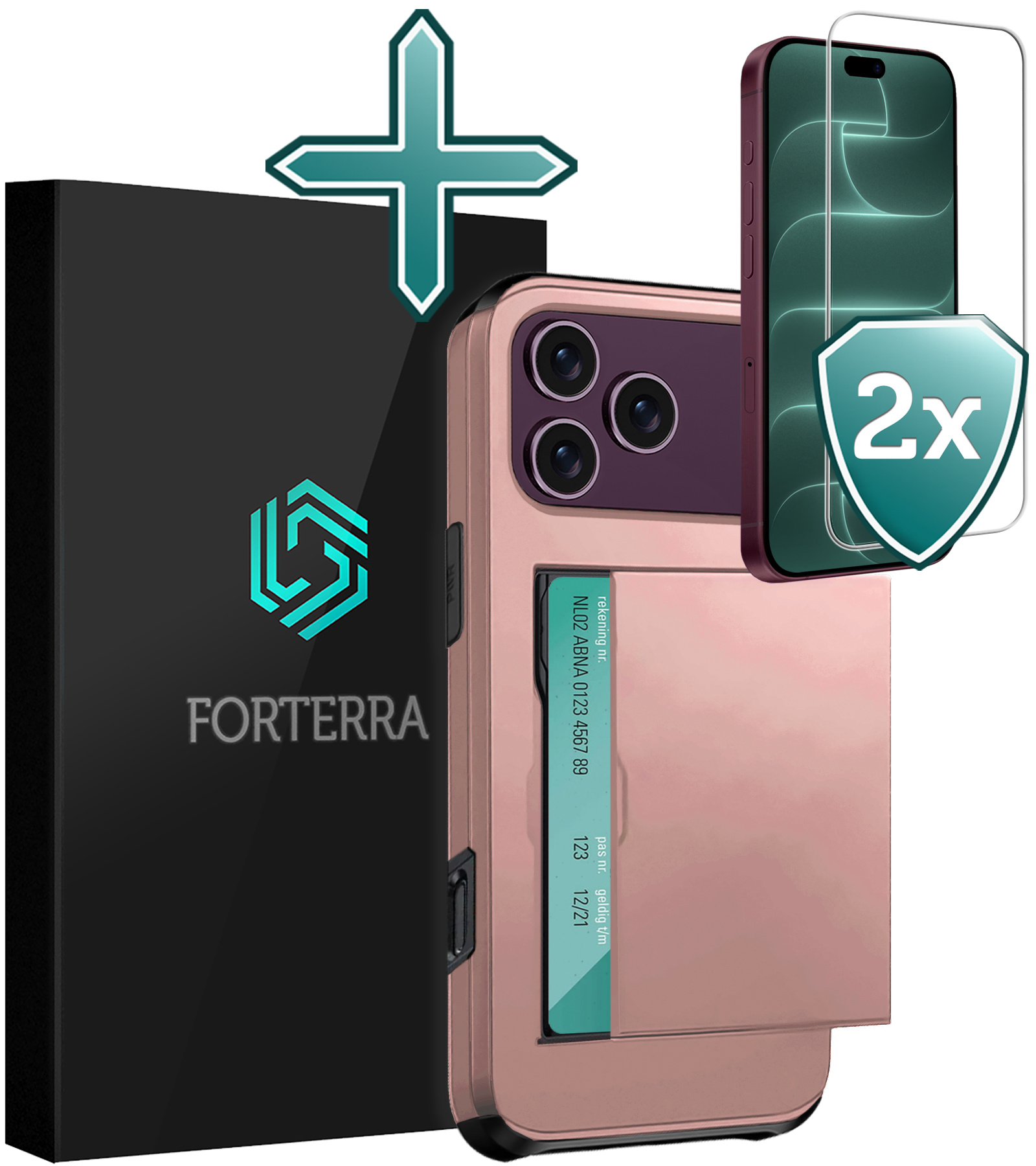 Forterra Forterra iPhone 18 Pro Max Hoesje Pashouder Hard Met 2x Screenprotector - Rose Goud
