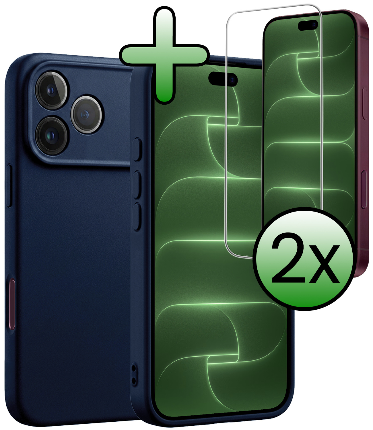 BASEY. BASEY. iPhone 18 Pro Hoesje Siliconen Met 2x Screenprotector Met Dichte Notch - Donkerblauw