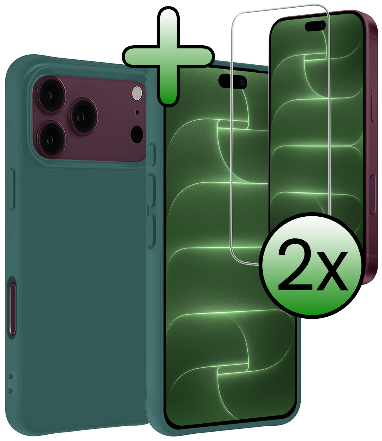 BASEY. BASEY. iPhone 18 Pro Hoesje Siliconen Met 2x Screenprotector Met Dichte Notch - Donkergroen