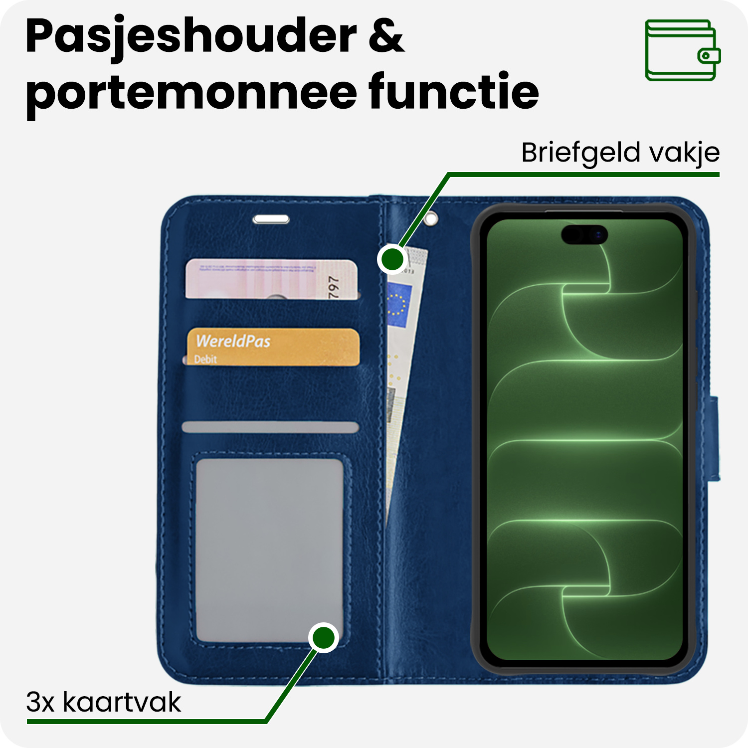 BASEY. BASEY. iPhone 18 Pro Hoesje Bookcase Met Screenprotector - Donkerblauw
