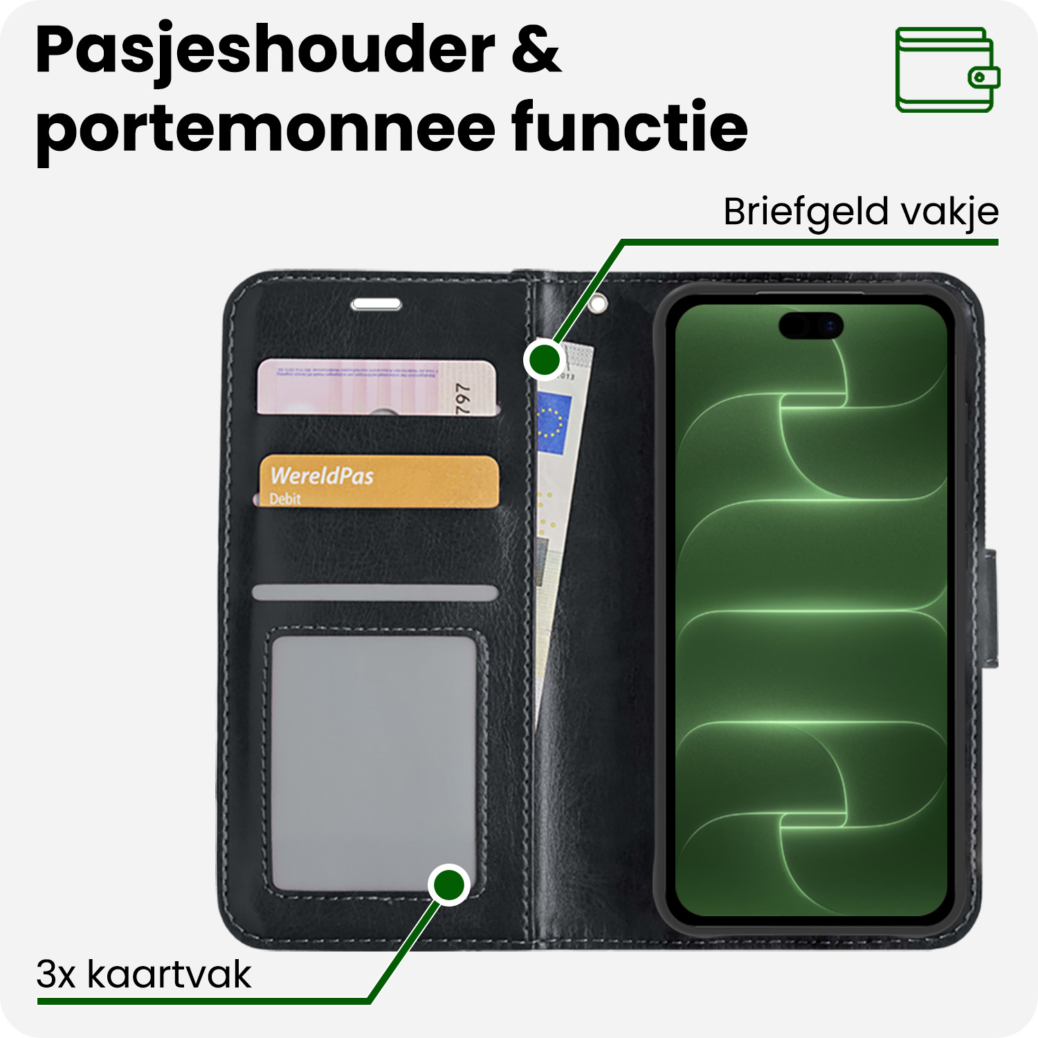 BASEY. BASEY. iPhone 18 Pro Hoesje Bookcase Met Screenprotector - Zwart