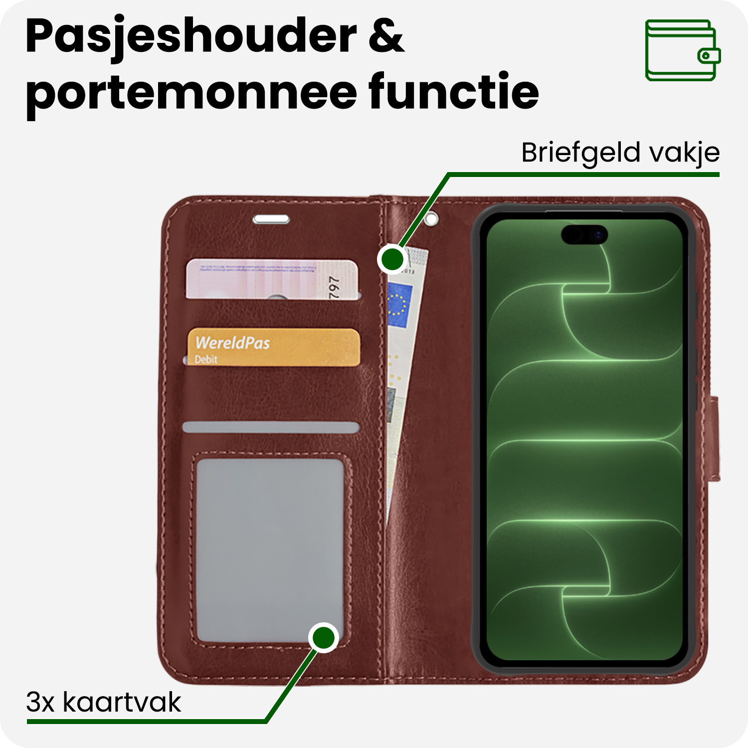 BASEY. BASEY. iPhone 18 Pro Hoesje Bookcase Met 2x Screenprotector - Bruin