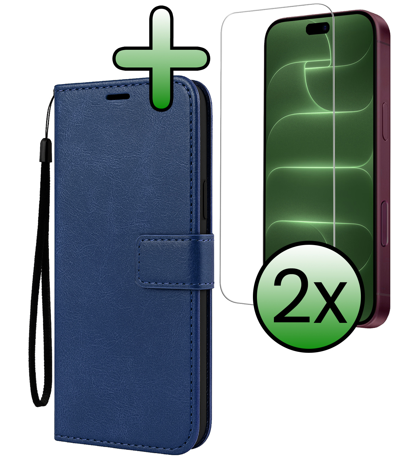 BASEY. BASEY. iPhone 18 Pro Hoesje Bookcase Met 2x Screenprotector - Donkerblauw