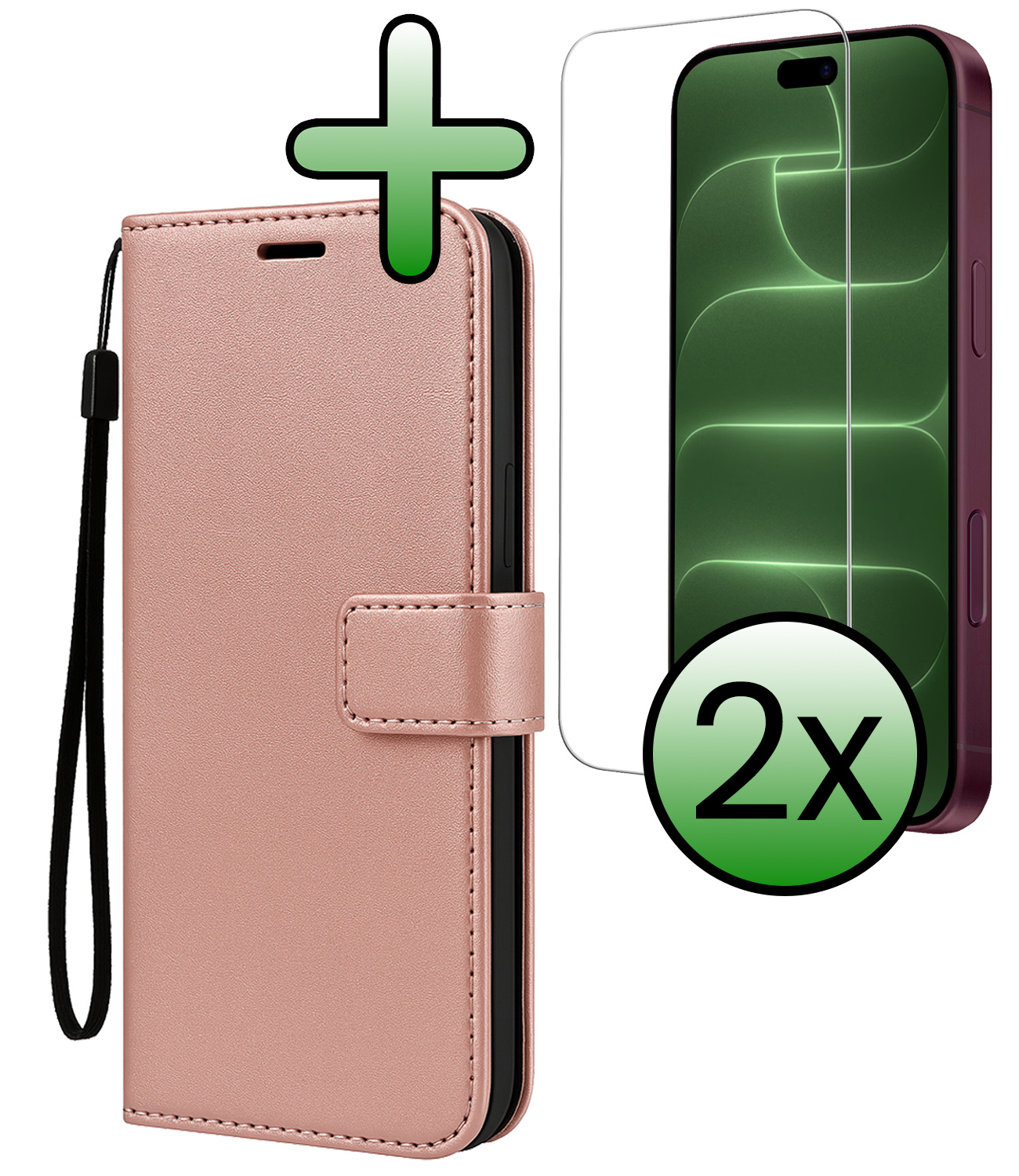 BASEY. BASEY. iPhone 18 Pro Hoesje Bookcase Met 2x Screenprotector - Rose Goud