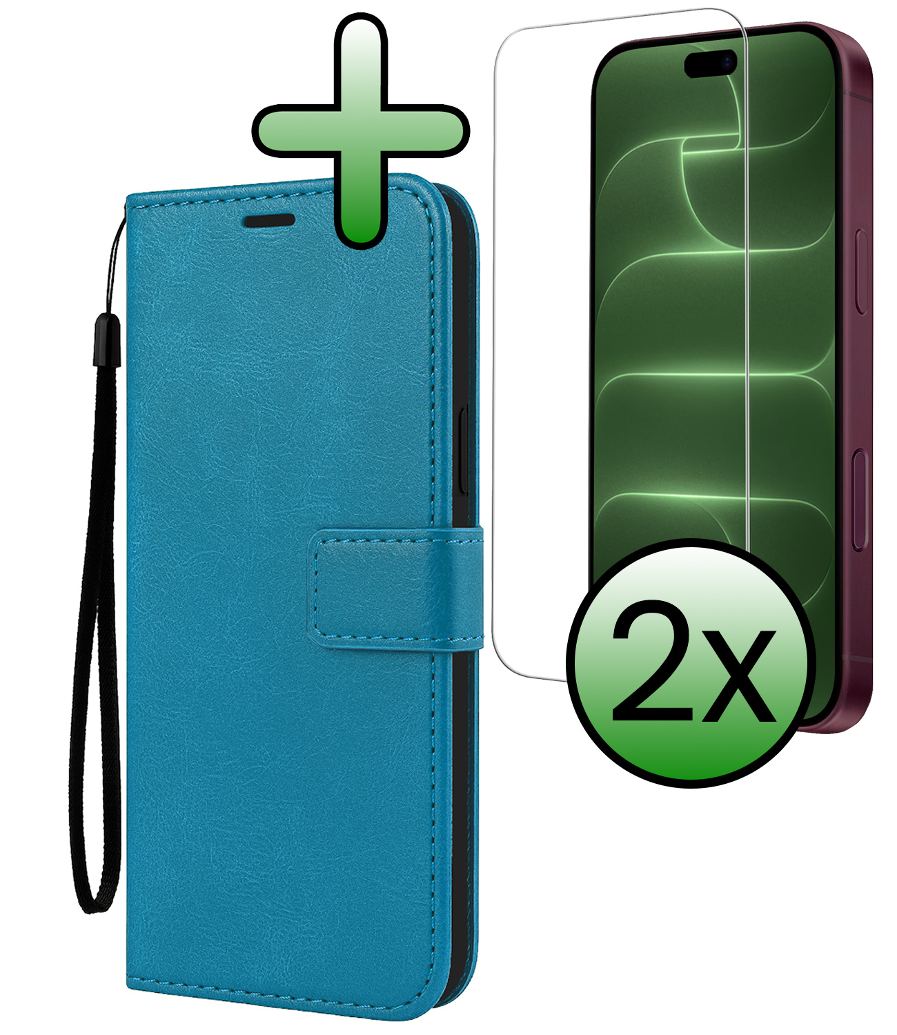 BASEY. BASEY. iPhone 18 Pro Hoesje Bookcase Met 2x Screenprotector - Turquoise