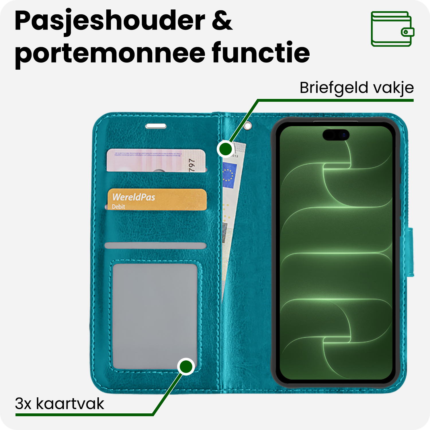 BASEY. BASEY. iPhone 18 Pro Hoesje Bookcase Met 2x Screenprotector - Turquoise