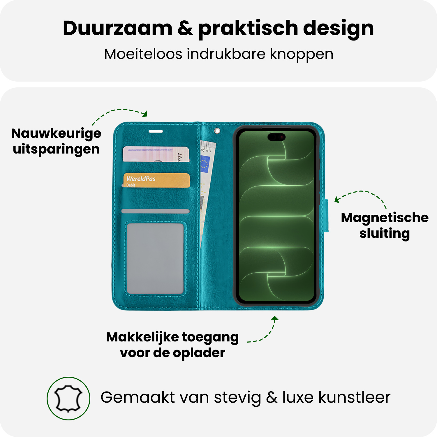 BASEY. BASEY. iPhone 18 Pro Hoesje Bookcase Met 2x Screenprotector - Turquoise