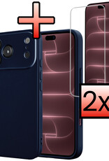 NoXx NoXx iPhone 18 Pro Hoesje Siliconen Met 2x Screenprotector Met Dichte Notch - Donkerblauw